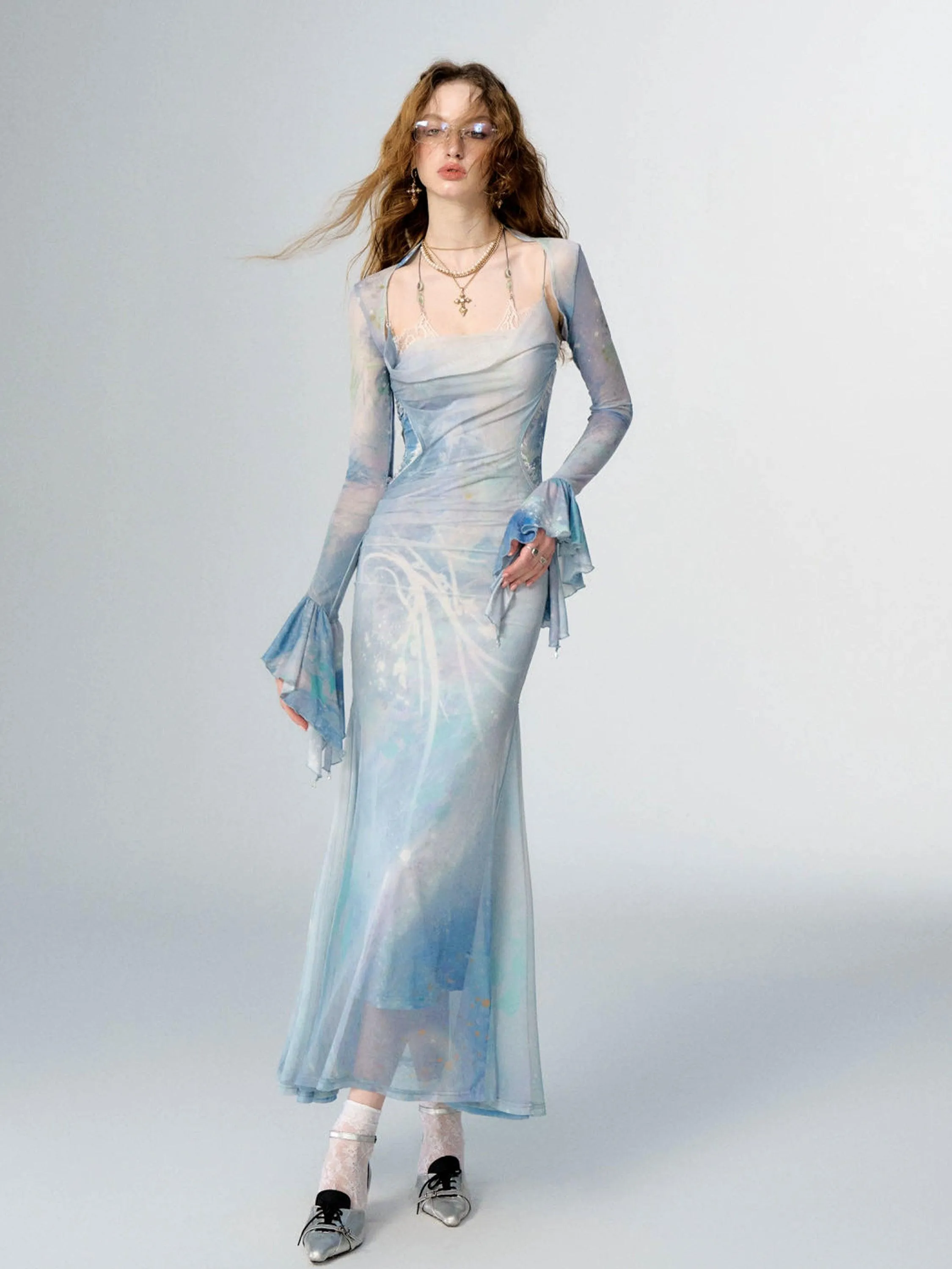 Of Akiva Ethereal Sky Blue Watercolor Maxi Dress Set - Women'S Spaghetti Strap Mermaid Gown With Matching Bell Sleeve Bolero