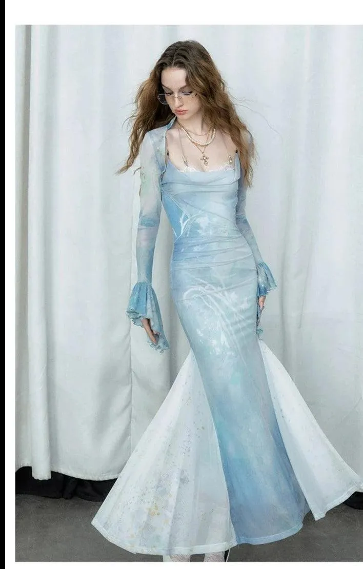 Of Akiva Ethereal Sky Blue Watercolor Maxi Dress Set - Women'S Spaghetti Strap Mermaid Gown With Matching Bell Sleeve Bolero