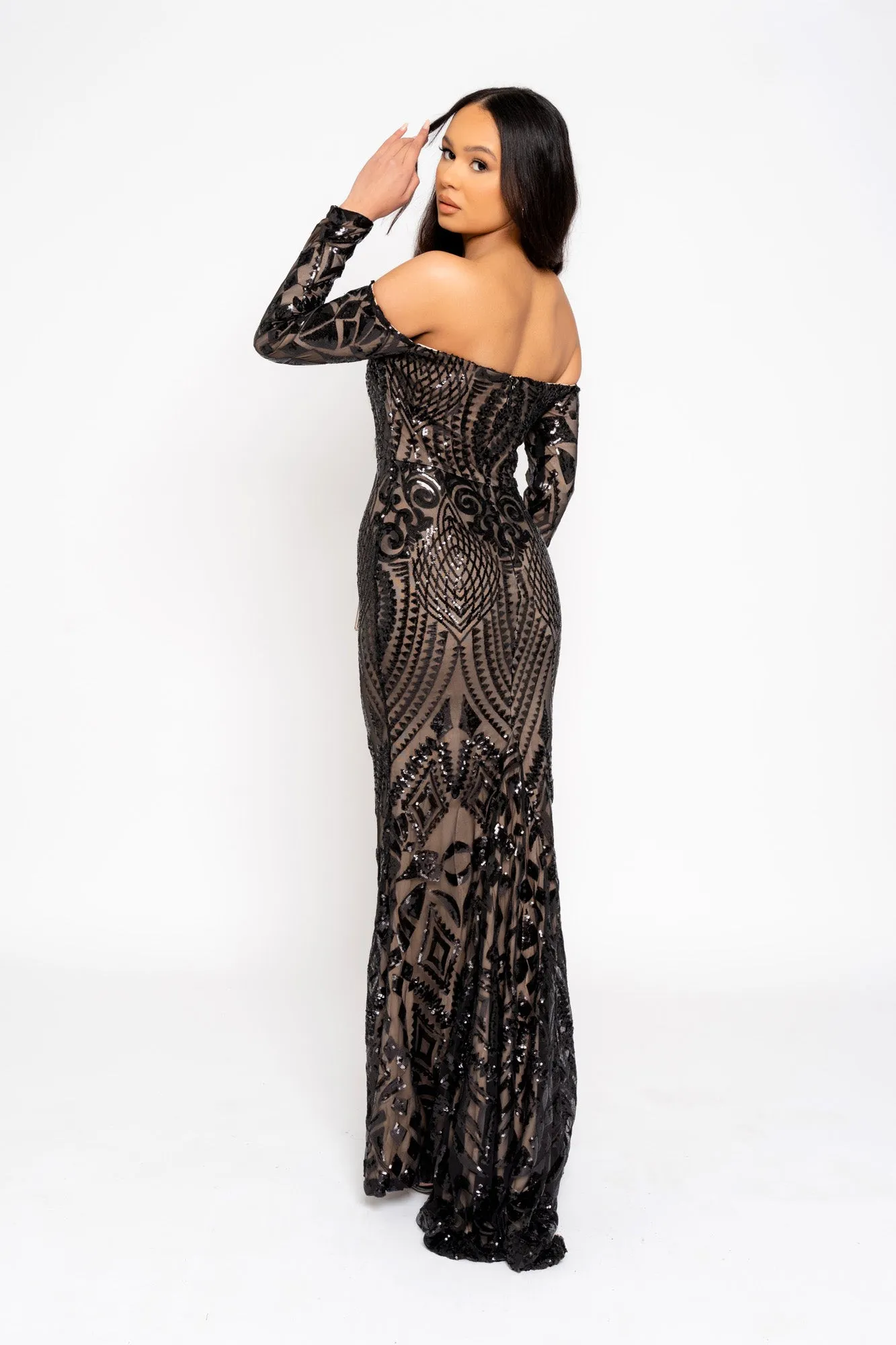 Ophelia Black Luxe Embellished Sequin Sweetheart Off Shoulder Long Sleeve Maxi Fishtail Dress