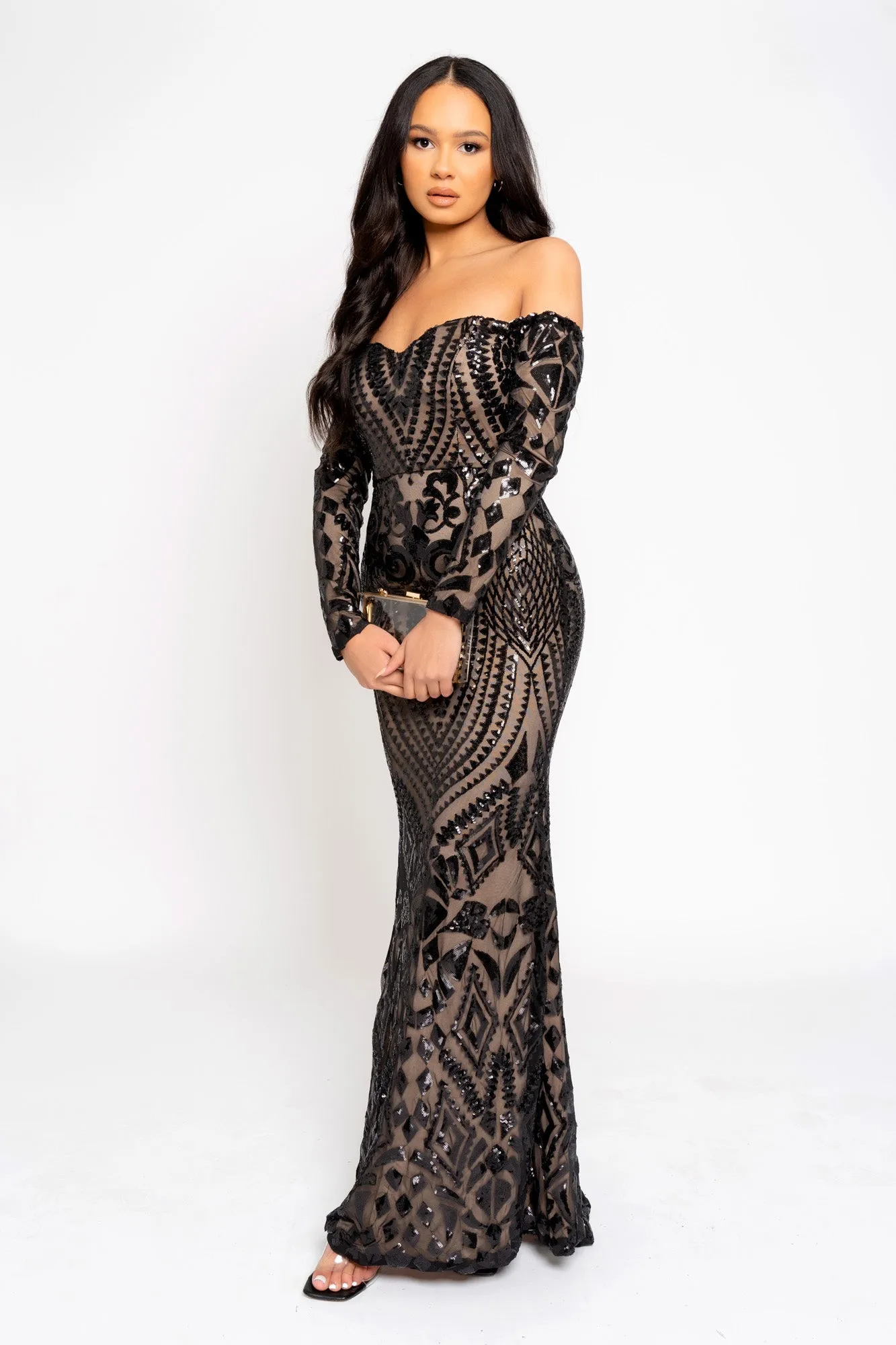 Ophelia Black Luxe Embellished Sequin Sweetheart Off Shoulder Long Sleeve Maxi Fishtail Dress