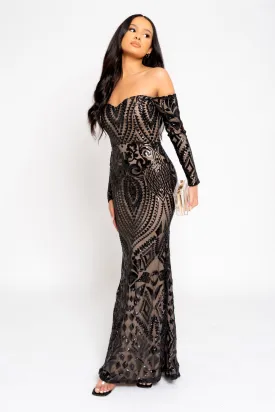 Ophelia Black Luxe Embellished Sequin Sweetheart Off Shoulder Long Sleeve Maxi Fishtail Dress