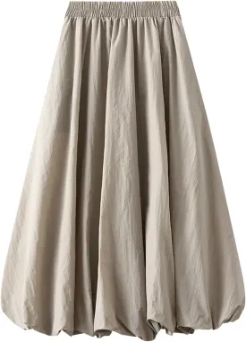 Oplxuo Women Y2K Bubble Maxi Skirt Elastic High Waisted Pleated Flowy A Line Long Puff Skirts Ruffle Hem Balloon Skirts