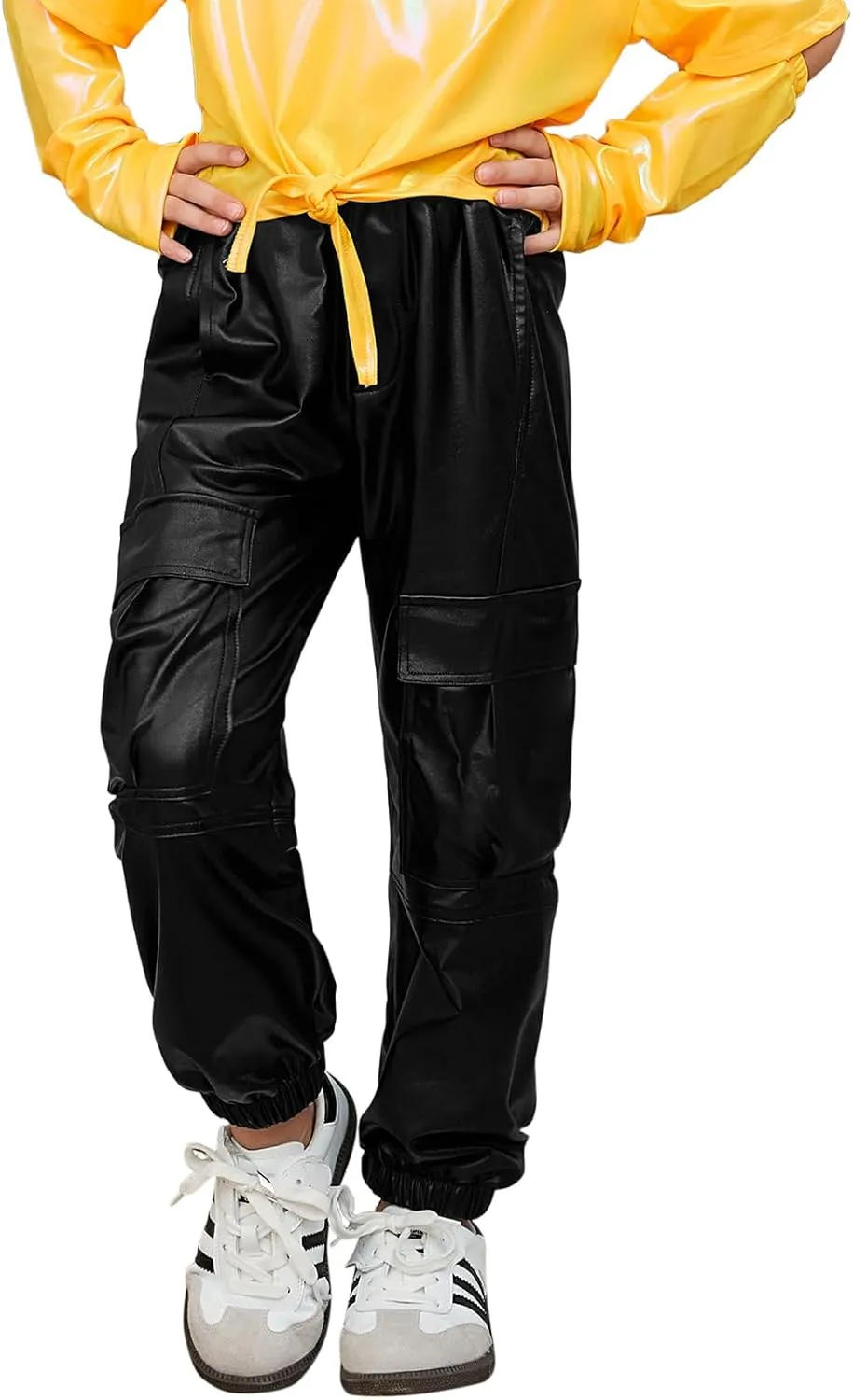 Perfashion Metallic Cargo Pants for Girls Hip Hop Dance Multi-Pocket Joggers High Waist Pants 6-15Y