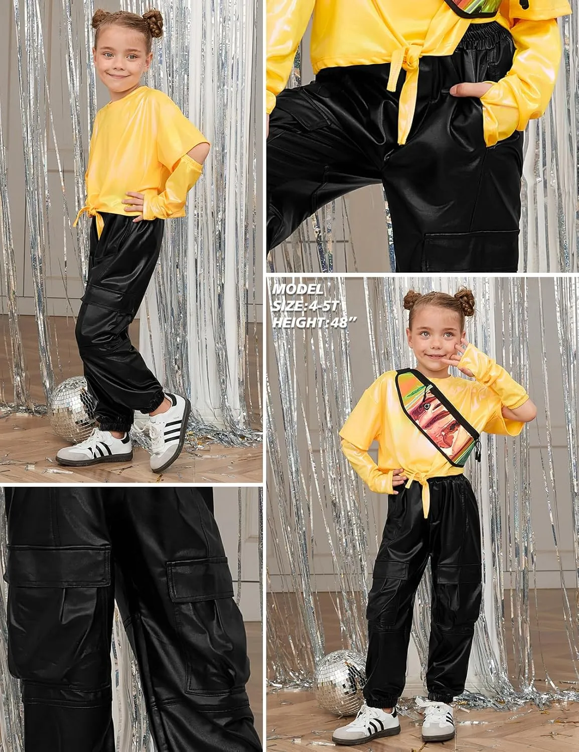 Perfashion Metallic Cargo Pants for Girls Hip Hop Dance Multi-Pocket Joggers High Waist Pants 6-15Y