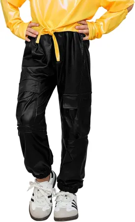 Perfashion Metallic Cargo Pants for Girls Hip Hop Dance Multi-Pocket Joggers High Waist Pants 6-15Y