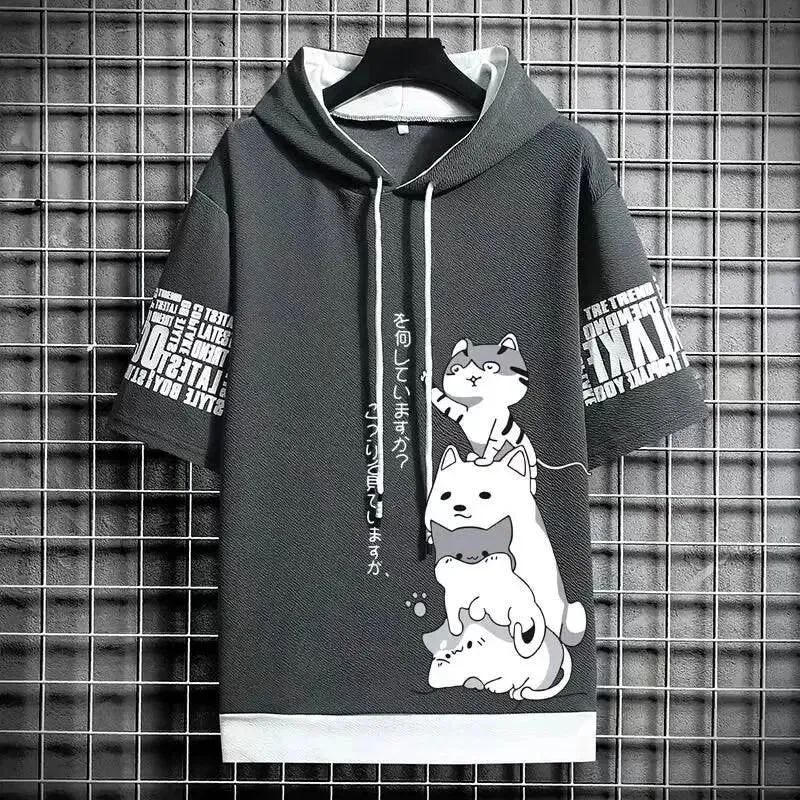 Playful Cartoon Cat Short Sleeve Hoodie