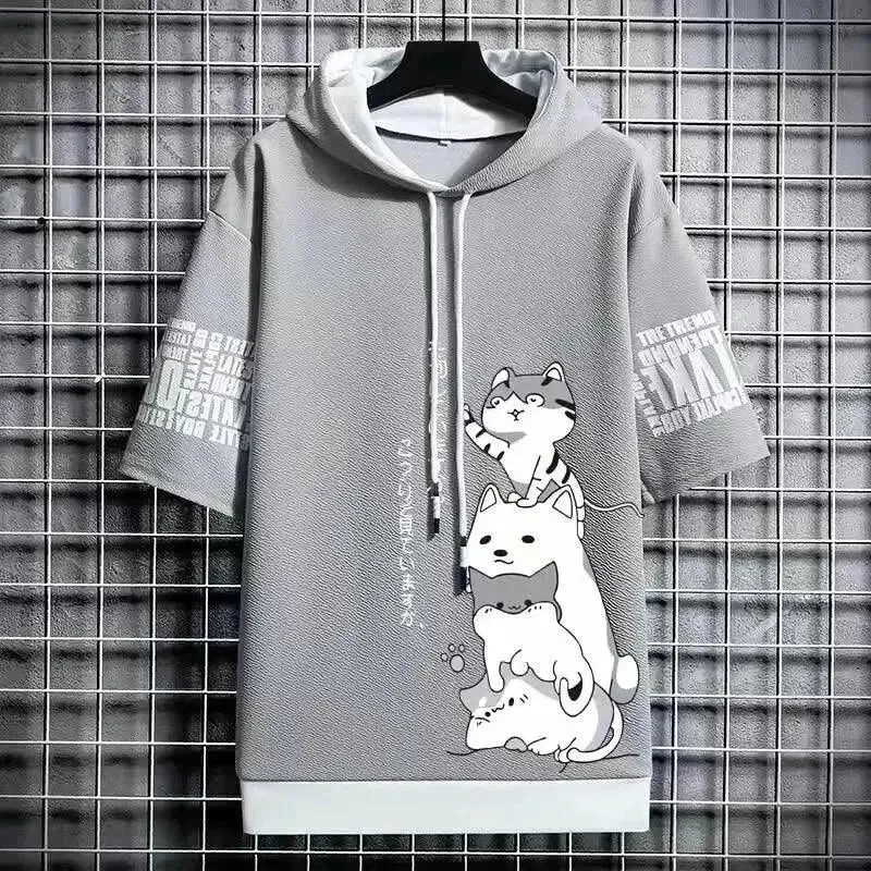 Playful Cartoon Cat Short Sleeve Hoodie