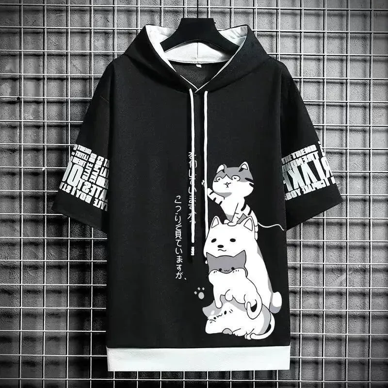Playful Cartoon Cat Short Sleeve Hoodie