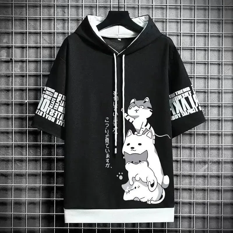 Playful Cartoon Cat Short Sleeve Hoodie