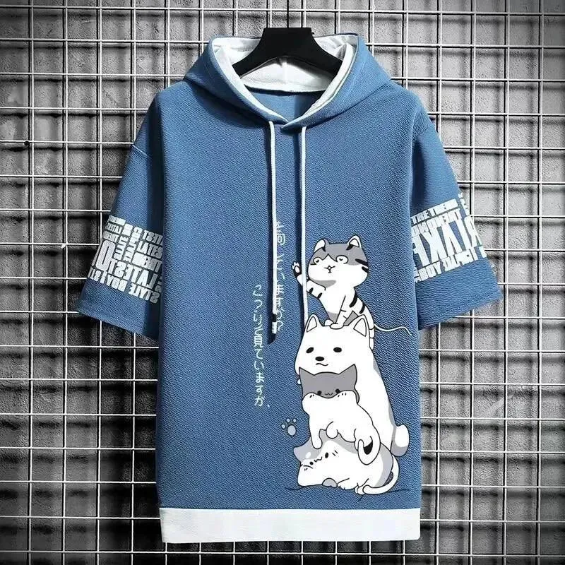 Playful Cartoon Cat Short Sleeve Hoodie