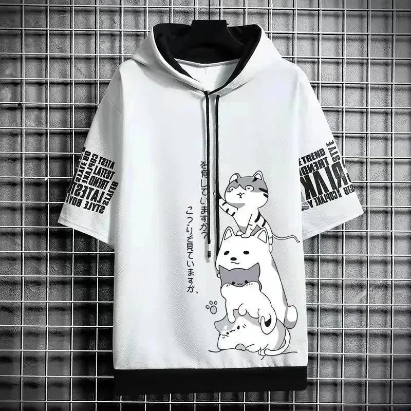 Playful Cartoon Cat Short Sleeve Hoodie