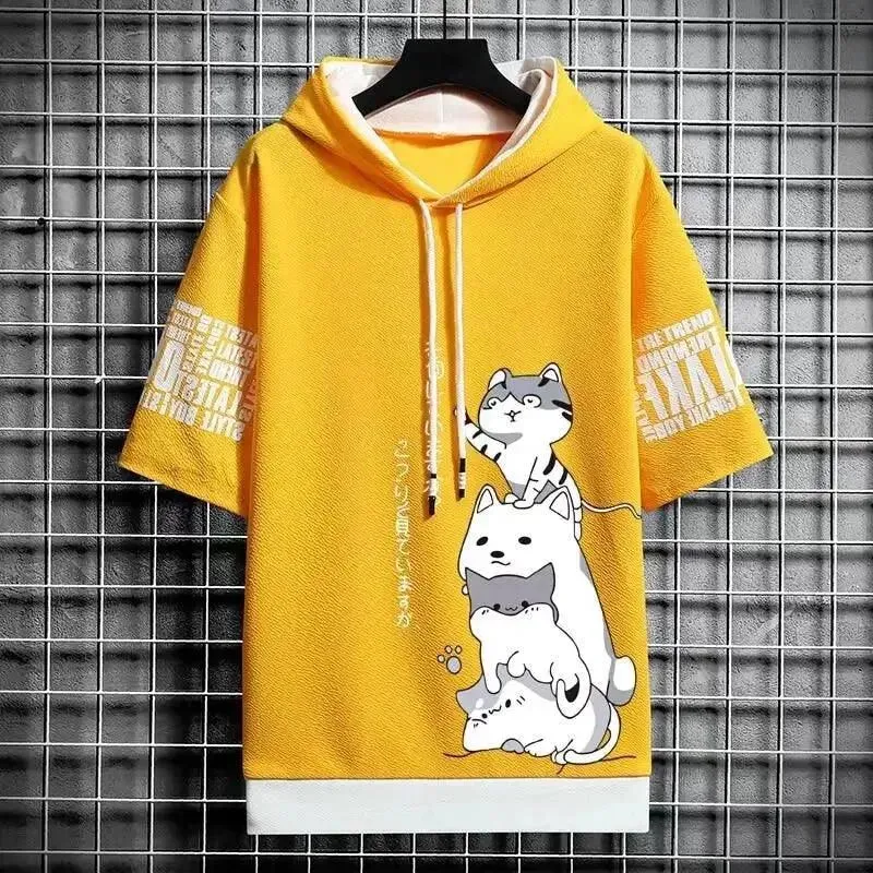 Playful Cartoon Cat Short Sleeve Hoodie
