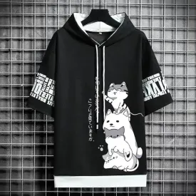 Playful Cartoon Cat Short Sleeve Hoodie