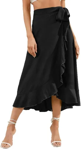 Plustrong Womens Wrap Skirt Tie Waist Ruffle Hem Asymmetrical Flowy Midi Skirts