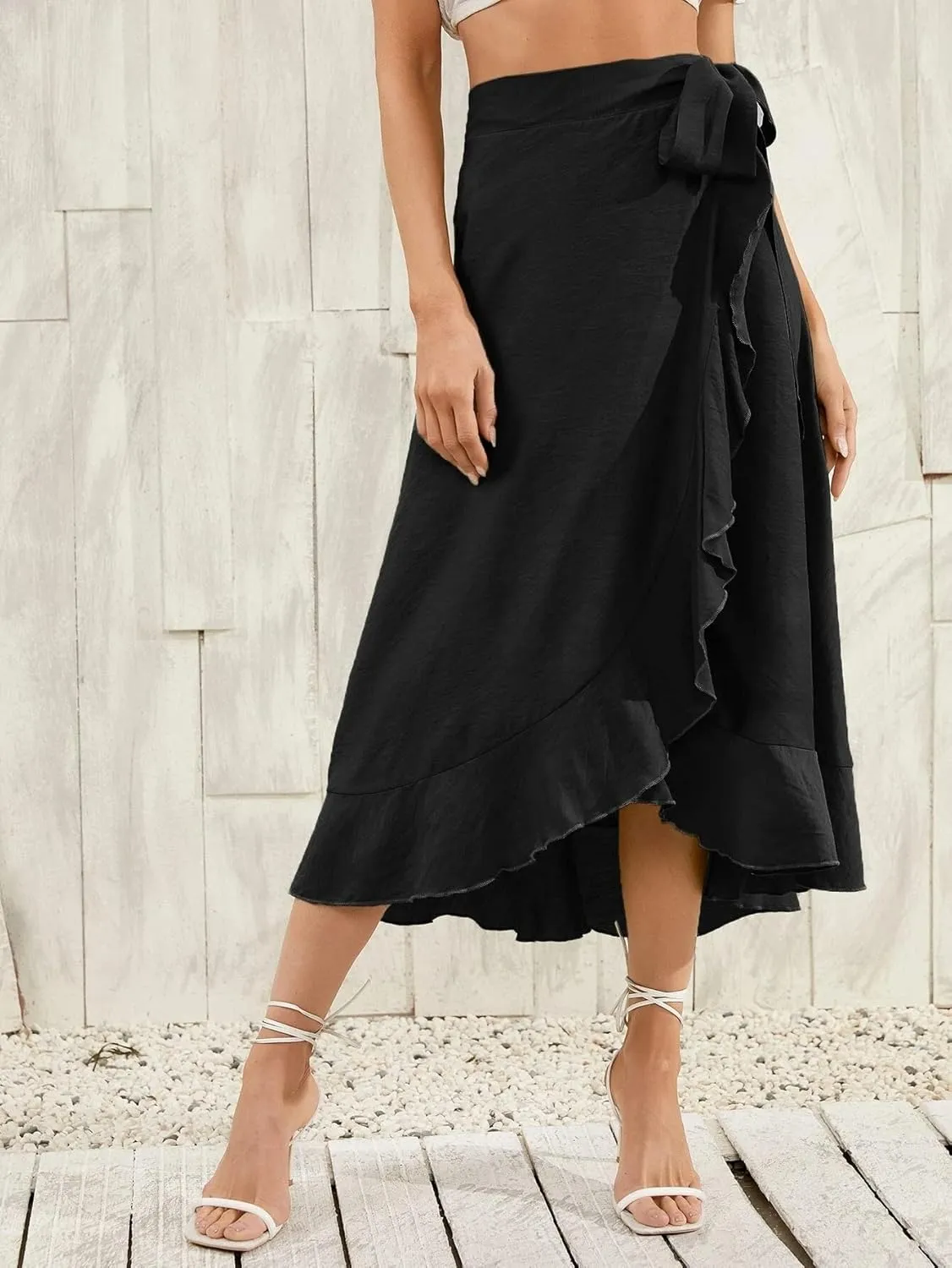 Plustrong Womens Wrap Skirt Tie Waist Ruffle Hem Asymmetrical Flowy Midi Skirts
