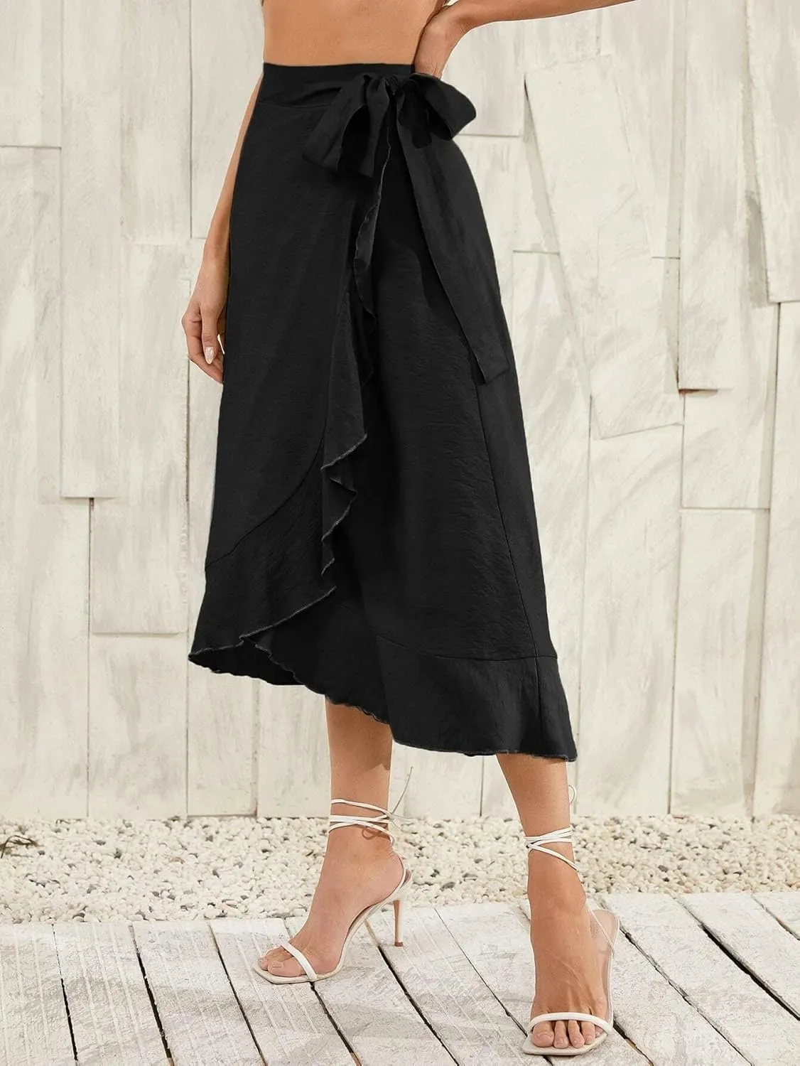 Plustrong Womens Wrap Skirt Tie Waist Ruffle Hem Asymmetrical Flowy Midi Skirts