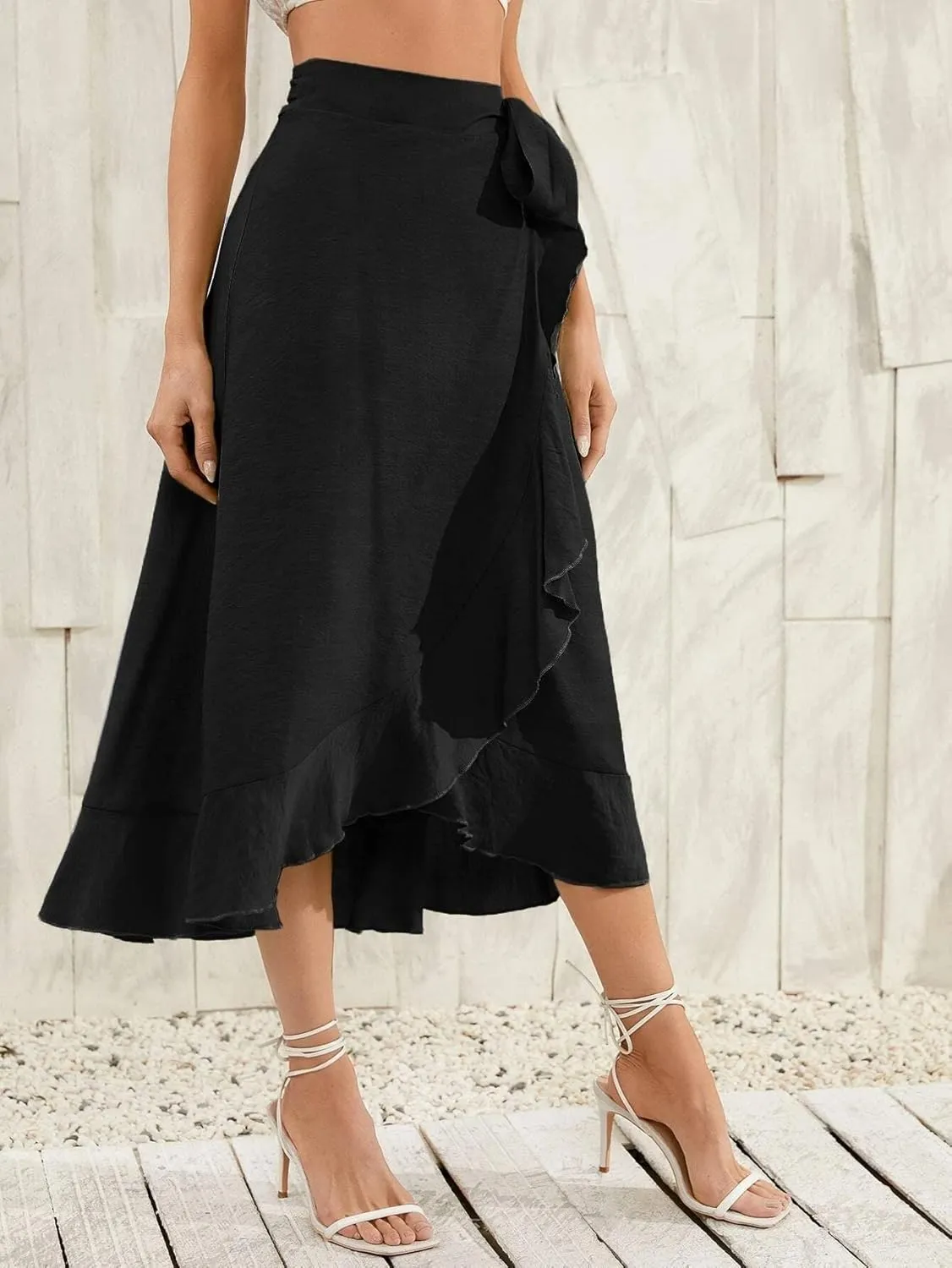 Plustrong Womens Wrap Skirt Tie Waist Ruffle Hem Asymmetrical Flowy Midi Skirts