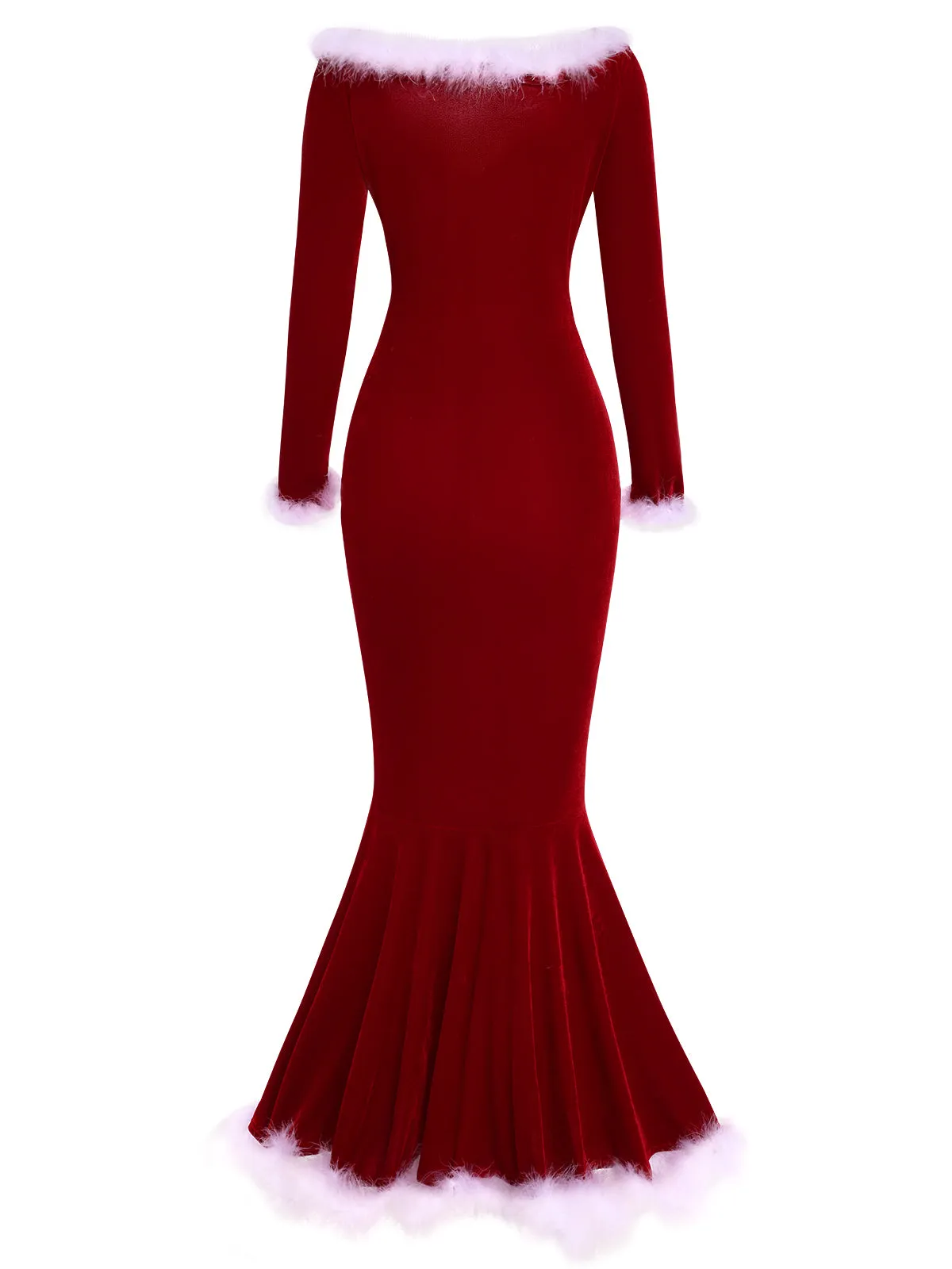 Red 1930s Off Shoulder Velvet Fur Trim Mermaid Dress