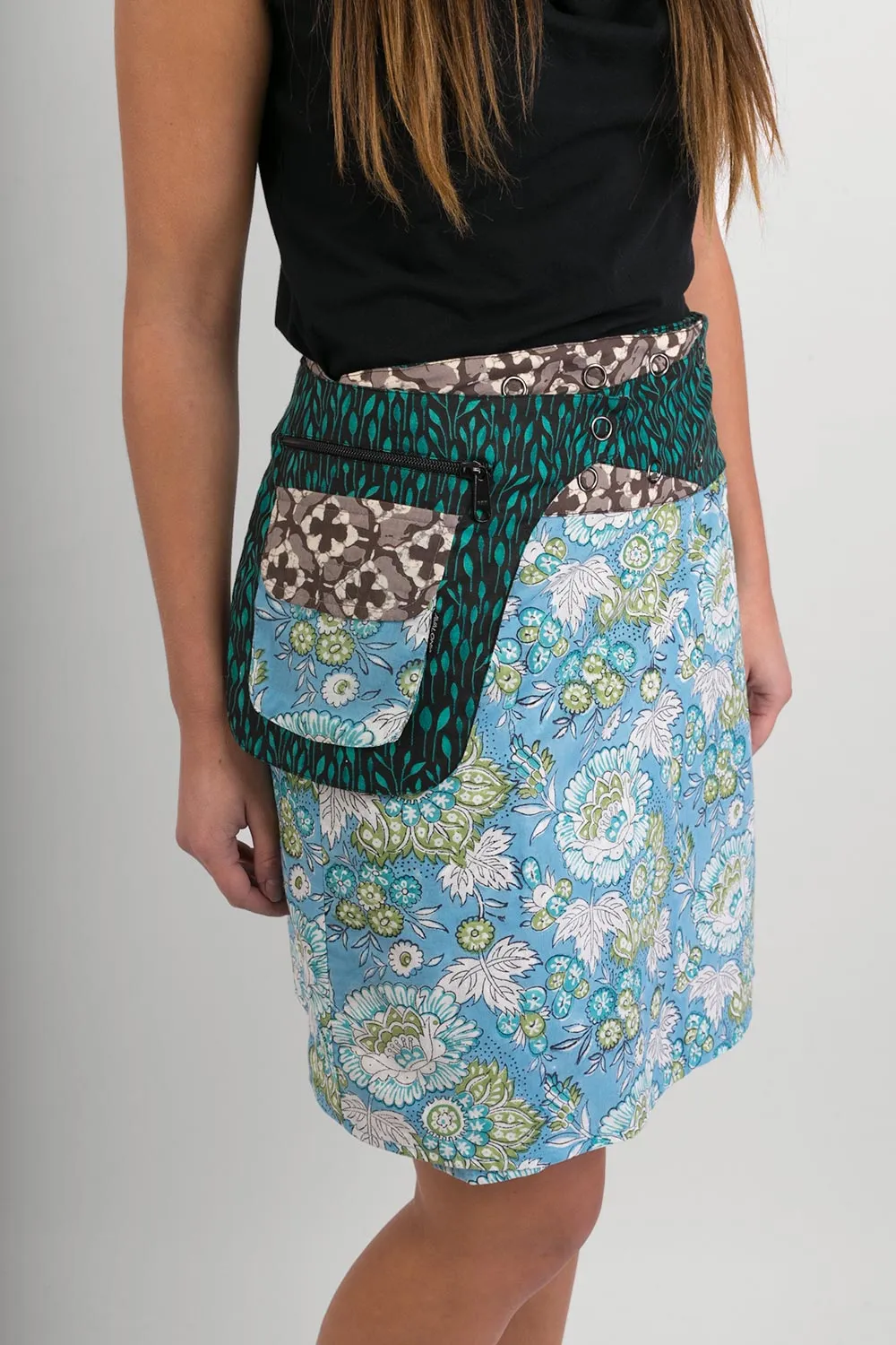 Reversible Cotton Skirt Blue Floral Brown Grey Cross Print Green Print Belt with Detachable Pocket