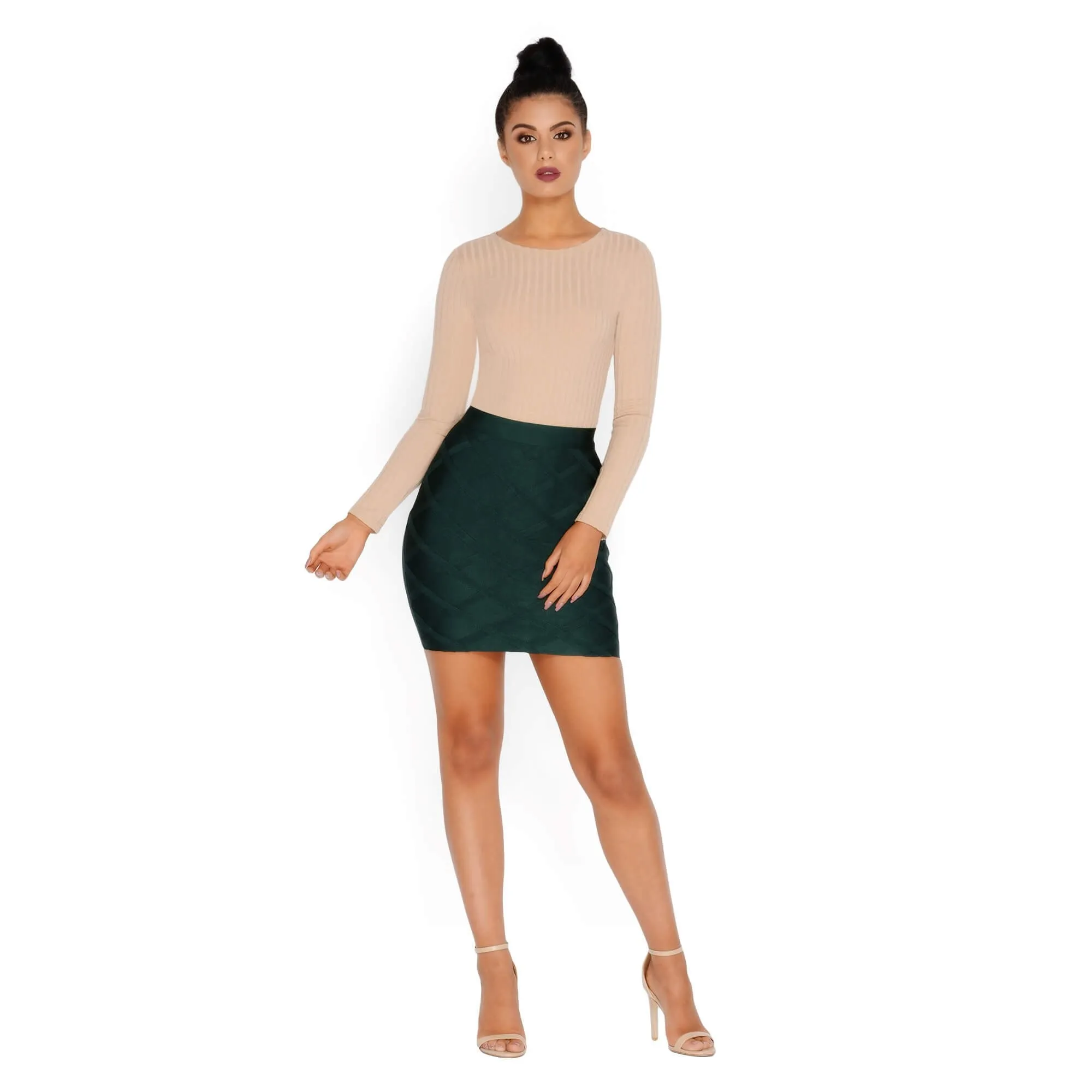 Ribbed Apart Bandage Mini Skirt in Emerald Green