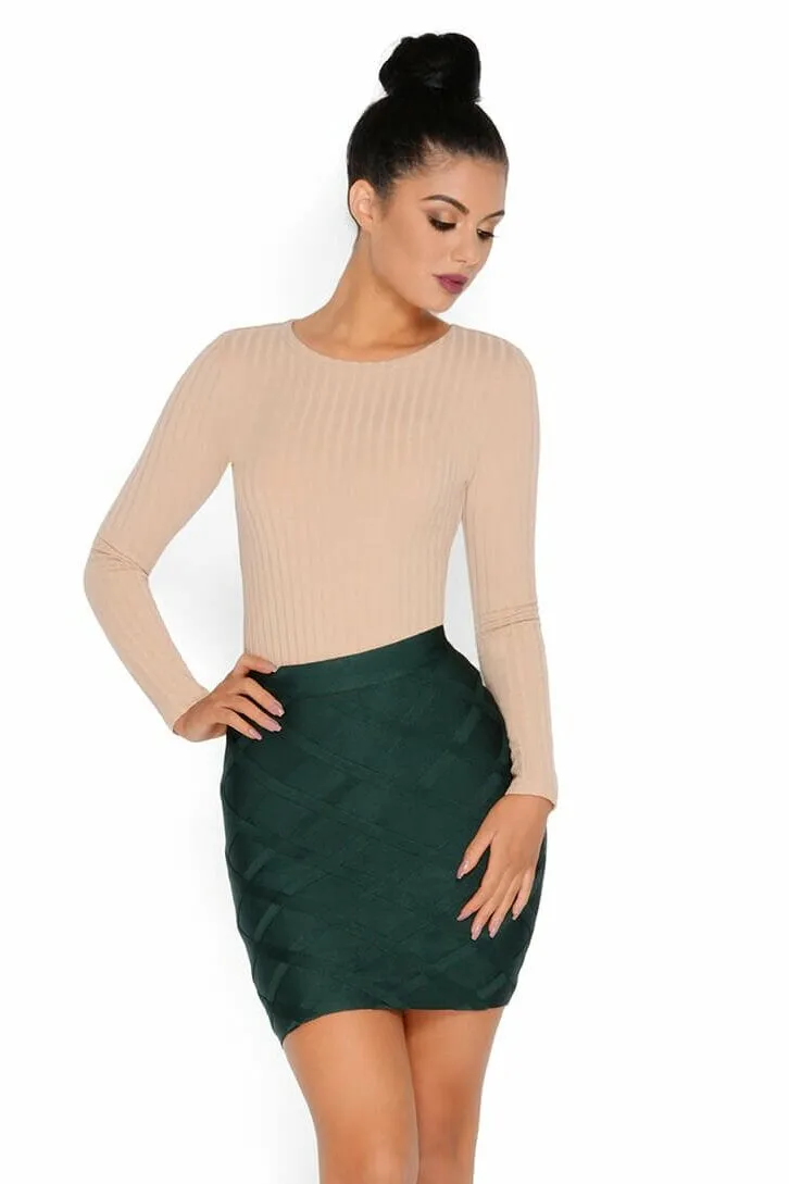 Ribbed Apart Bandage Mini Skirt in Emerald Green