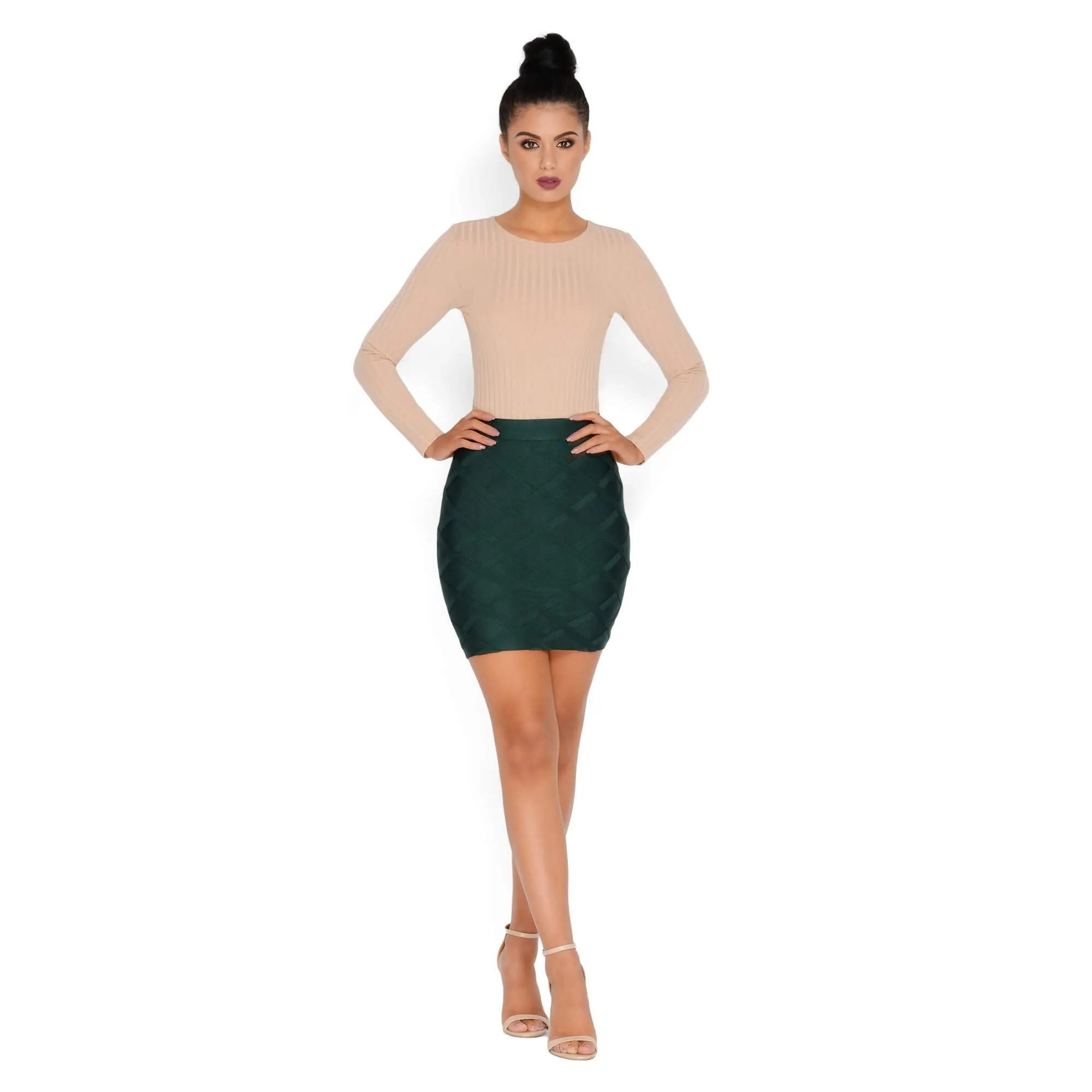 Ribbed Apart Bandage Mini Skirt in Emerald Green