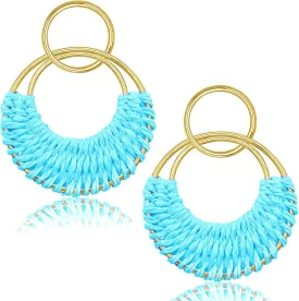 Ronglry Raffia Rattan Summer Beach Boho Earrings for Women Girls Lightweight Hoop Dangle Earrings Handmade Straw Wicker Braided Large Drop Earrings Fun Trendy Statement Earrings Jewelry Gifts for Her Girlfriend