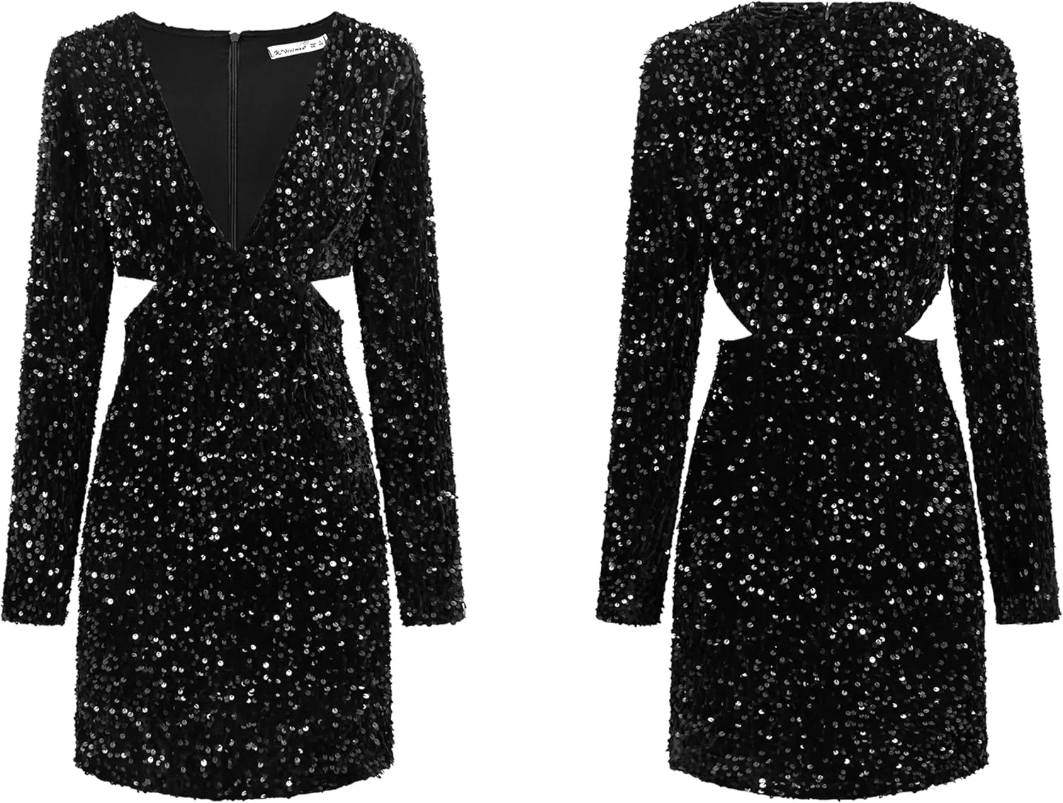 R.Vivimos Womens Glitter Sequin Party Dresses Fall Winter Long Sleeve Sexy Deep V Neck Cut Out Sparkly Club Velvet Mini Dress