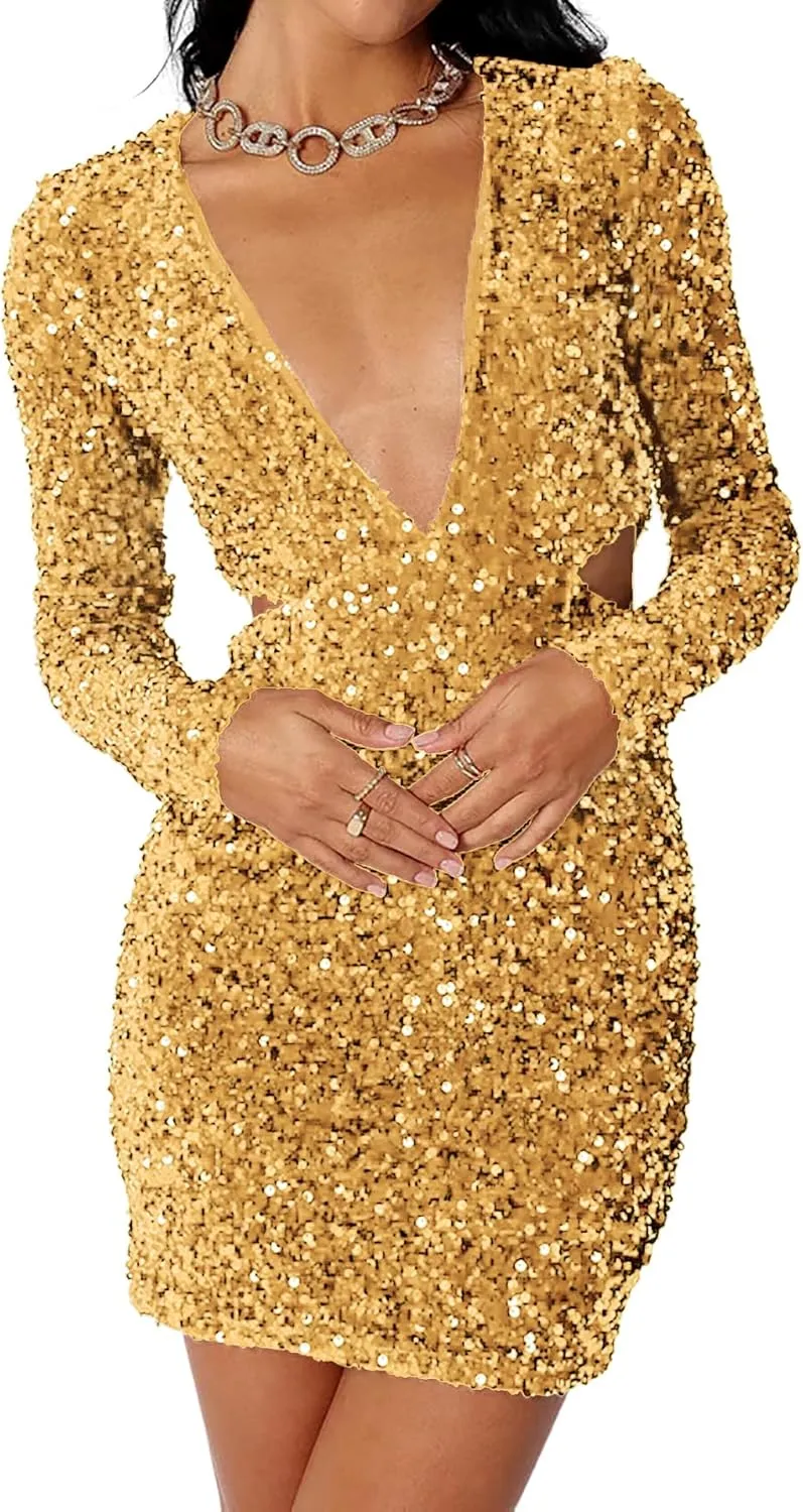 R.Vivimos Womens Glitter Sequin Party Dresses Fall Winter Long Sleeve Sexy Deep V Neck Cut Out Sparkly Club Velvet Mini Dress