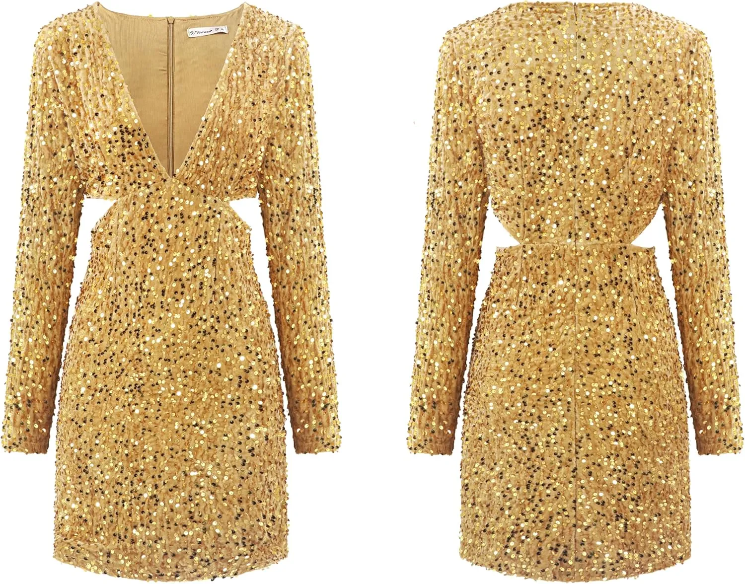 R.Vivimos Womens Glitter Sequin Party Dresses Fall Winter Long Sleeve Sexy Deep V Neck Cut Out Sparkly Club Velvet Mini Dress