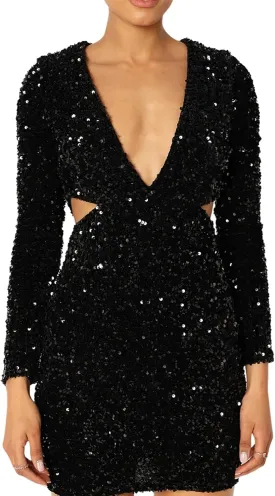R.Vivimos Womens Glitter Sequin Party Dresses Fall Winter Long Sleeve Sexy Deep V Neck Cut Out Sparkly Club Velvet Mini Dress