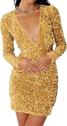 R.Vivimos Womens Glitter Sequin Party Dresses Fall Winter Long Sleeve Sexy Deep V Neck Cut Out Sparkly Club Velvet Mini Dress