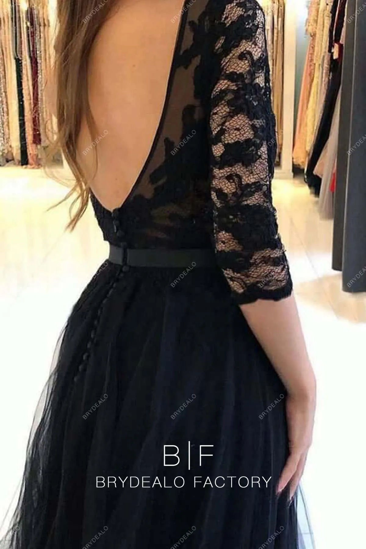 Sexy Slit Black 3/4 Sleeves Lace Tulle Evening Formal Dress
