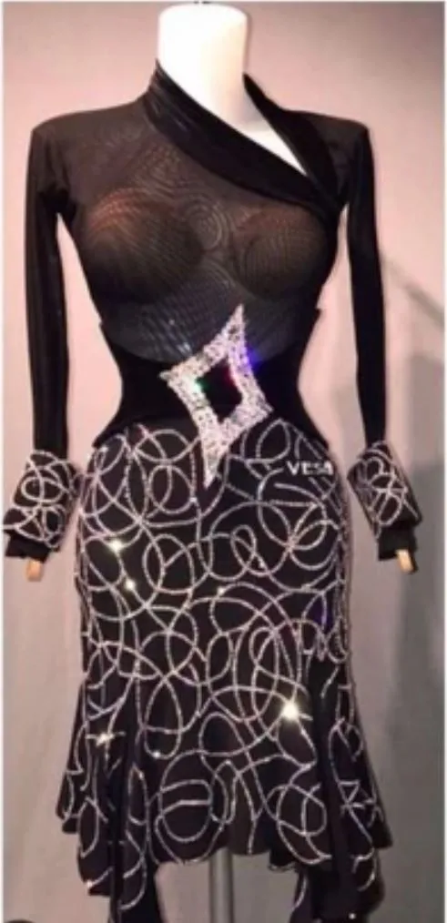 Shawl Collar Sheer Mesh w/ Rhinestones Rhythm or Latin Ballroom Dance Dress