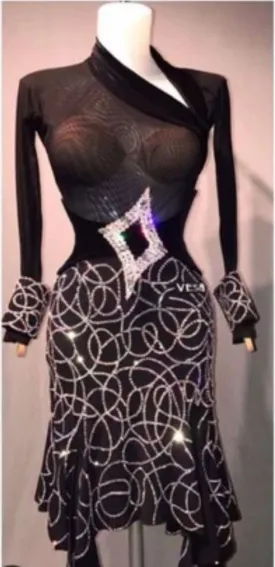 Shawl Collar Sheer Mesh w/ Rhinestones Rhythm or Latin Ballroom Dance Dress