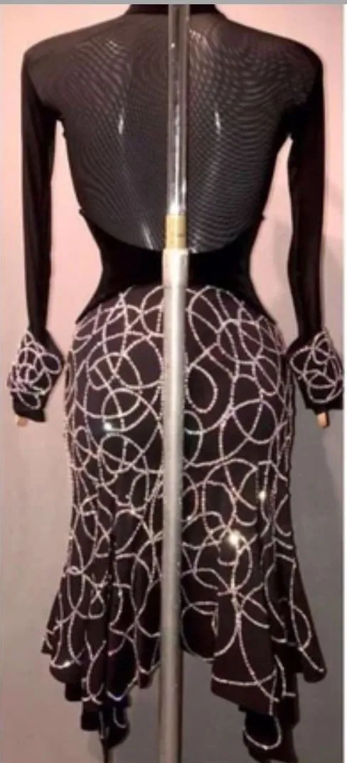 Shawl Collar Sheer Mesh w/ Rhinestones Rhythm or Latin Ballroom Dance Dress