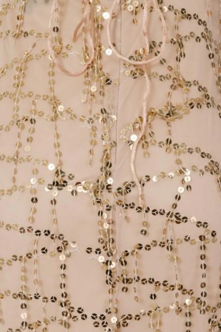 Siren Nude Plunge Gold Sequin Tassel Fringe Thigh Slit Fishtail Dress