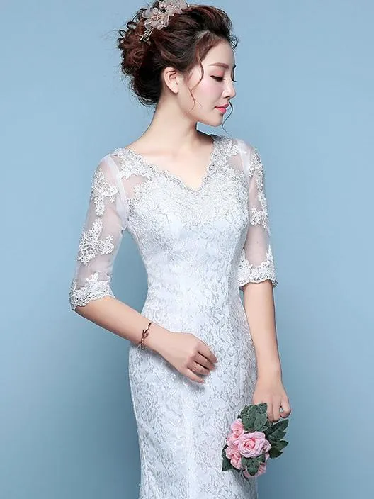 Sleeve Slim Waisttail Fishtail Tail Wedding Dress