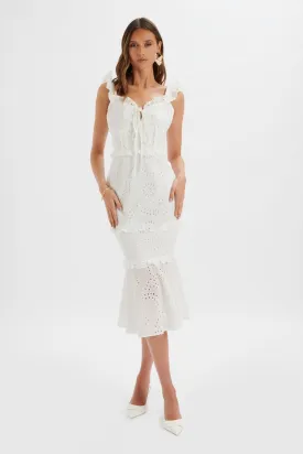 SOFI Broderie Anglais Ruffle Fishtail Midaxi in White