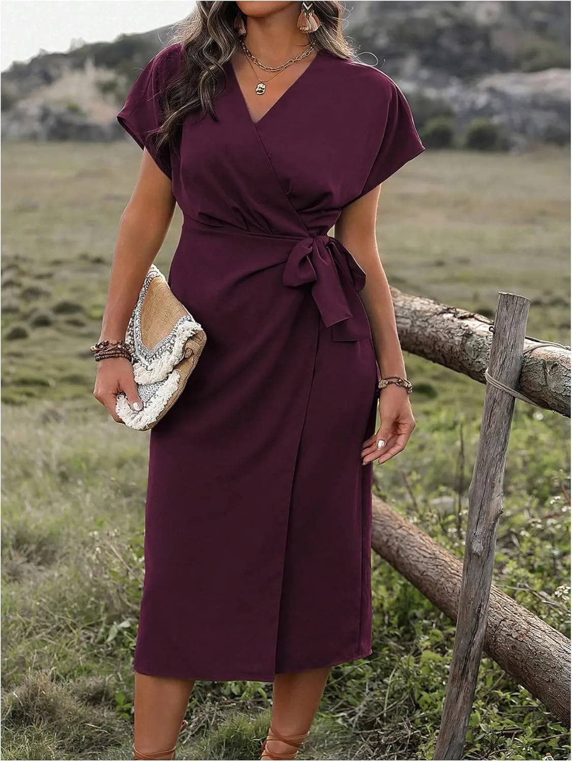 SOLY HUX Women's Plus Size Wrap V Neck Knot Side Midi Dress Short Sleeve Flowy Party Dresses