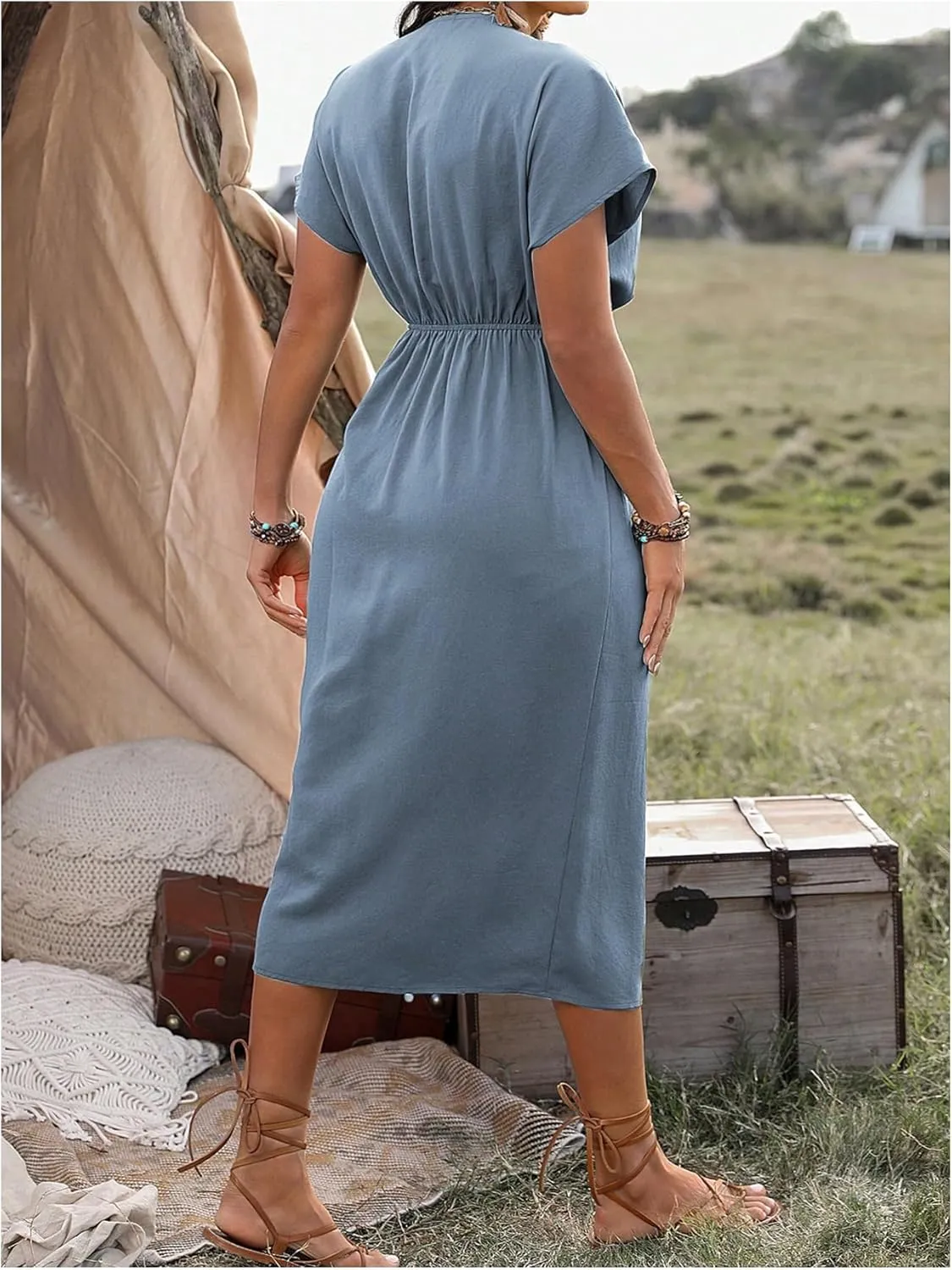 SOLY HUX Women's Plus Size Wrap V Neck Knot Side Midi Dress Short Sleeve Flowy Party Dresses