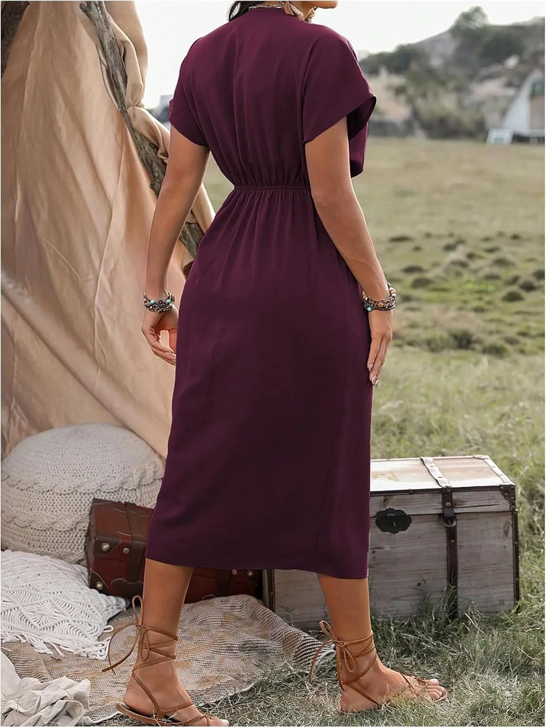 SOLY HUX Women's Plus Size Wrap V Neck Knot Side Midi Dress Short Sleeve Flowy Party Dresses