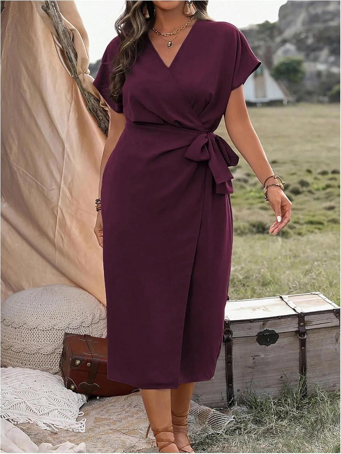 SOLY HUX Women's Plus Size Wrap V Neck Knot Side Midi Dress Short Sleeve Flowy Party Dresses