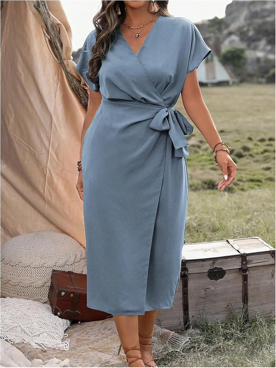 SOLY HUX Women's Plus Size Wrap V Neck Knot Side Midi Dress Short Sleeve Flowy Party Dresses