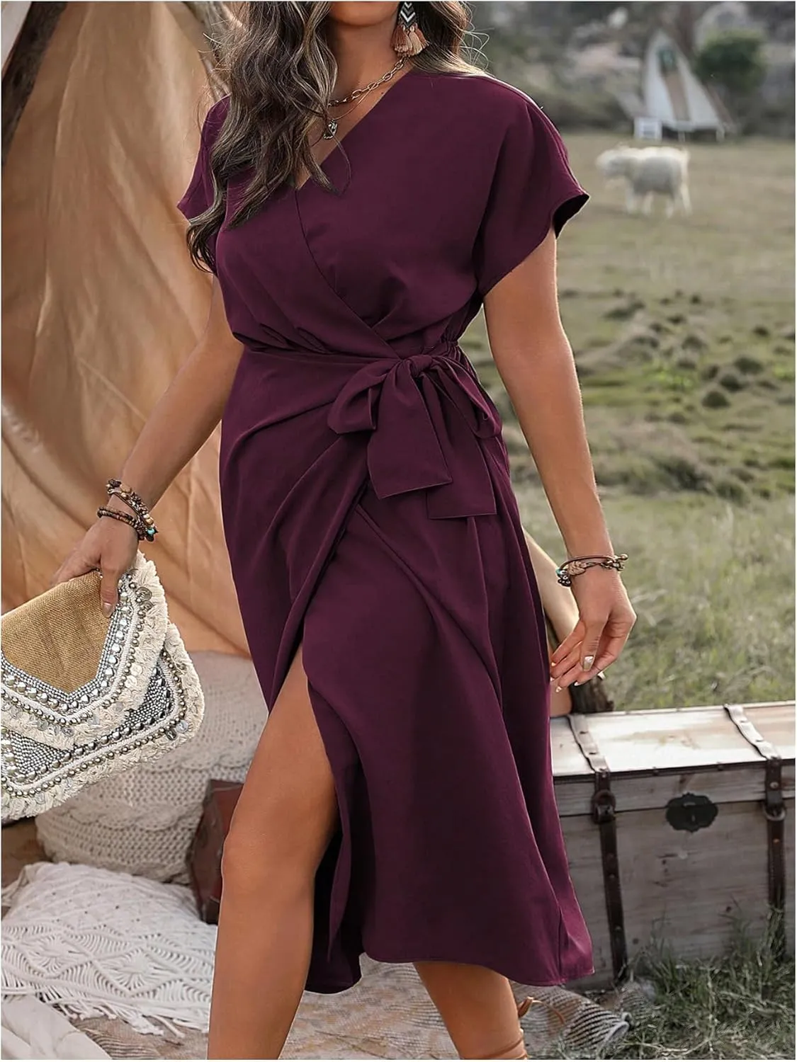 SOLY HUX Women's Plus Size Wrap V Neck Knot Side Midi Dress Short Sleeve Flowy Party Dresses