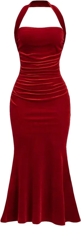 SOLY HUX Women's Velvet Halter Bodycon Dress Sleeveless Ruched Fishtail Cocktail Party Long Dresses