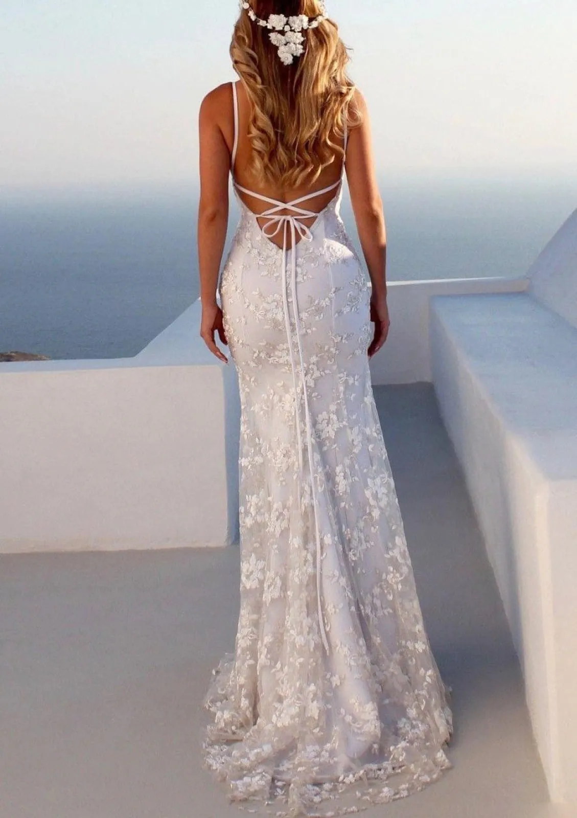 Spaghetti Straps Backless Fishtail Ivory Satin Lace Mermaid Wedding Dress Bridal Gown