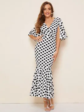 Split Sleeve Fishtail Hem Polka Dot Dress