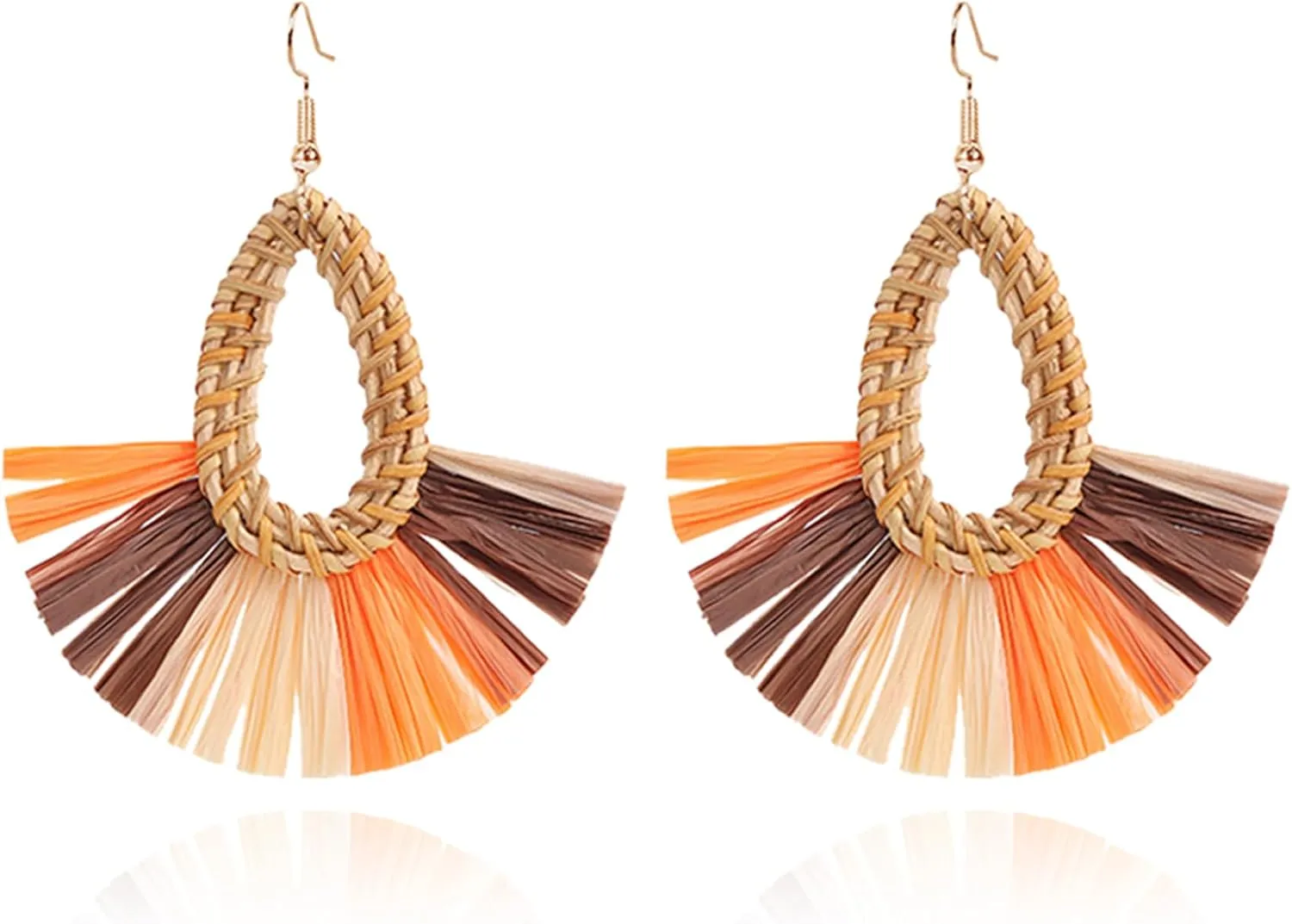 Statement Raffia Earrings Boho Summer Beach Earrings for Women Handmade Fashion Rattan Fringe Tassel Earring Lightweight Straw Wicker Dangle Drop Earring Bohemian Gift Jewelry