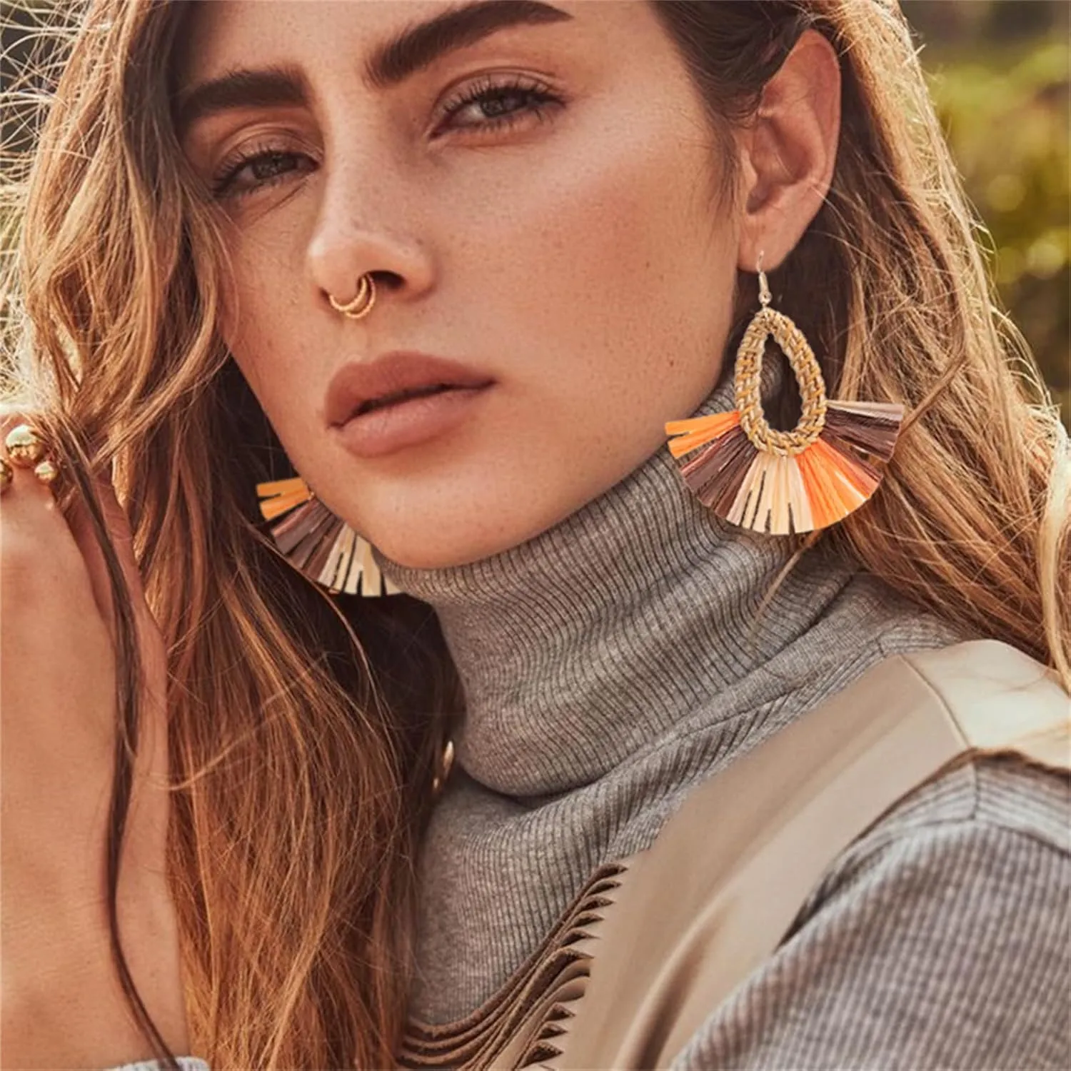 Statement Raffia Earrings Boho Summer Beach Earrings for Women Handmade Fashion Rattan Fringe Tassel Earring Lightweight Straw Wicker Dangle Drop Earring Bohemian Gift Jewelry